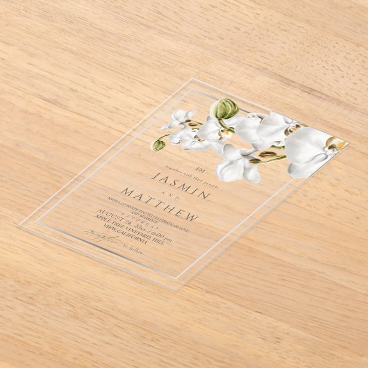 Classic White Orchids Frame Elegant Wedding アクリル招待状 (レイダウン)