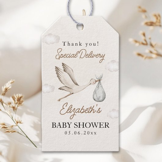 Classic White Stork Baby Shower Neutral ギフトタグ