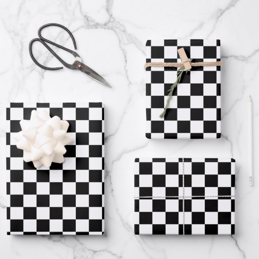 Classic White with Black Square Pattern Style ラッピングペーパーシート (正面)