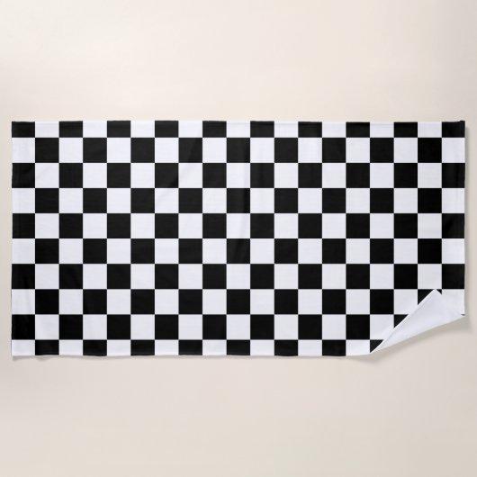Classic White with Black Square Style Pattern ビーチタオル (正面)