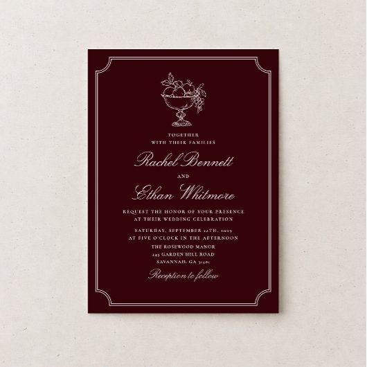Classic Wine Red Double Frame Wedding Invitation 案内状