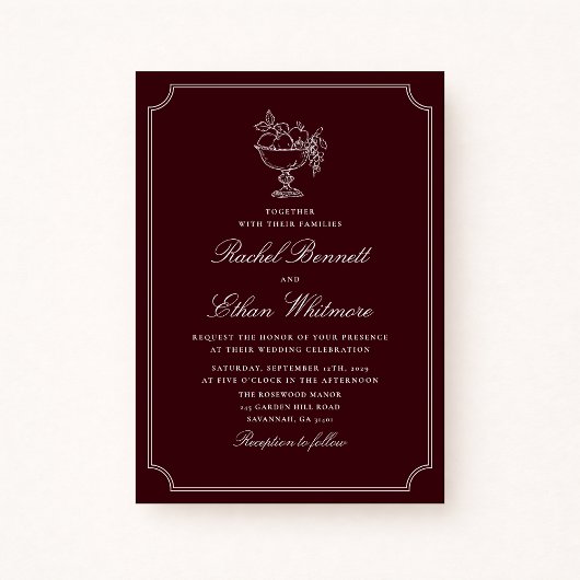 Classic Wine Red Double Frame Wedding Invitation 案内状
