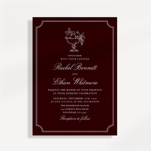Classic Wine Red Double Frame Wedding Invitation 案内状