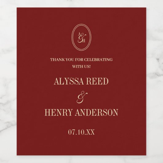 Classic Wine Red Monogram Wedding Thanks ワインラベル (シングルラベル)