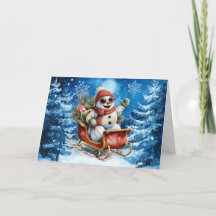 Classic Winter Blue Watercolor Snowman Blank