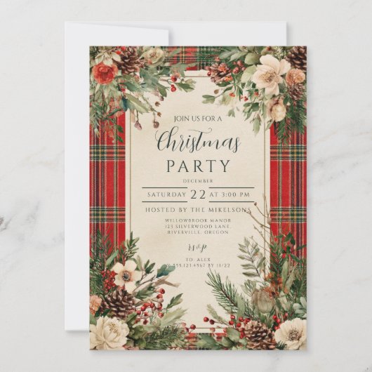 Classic Winter Florals Christmas 招待状 (正面)