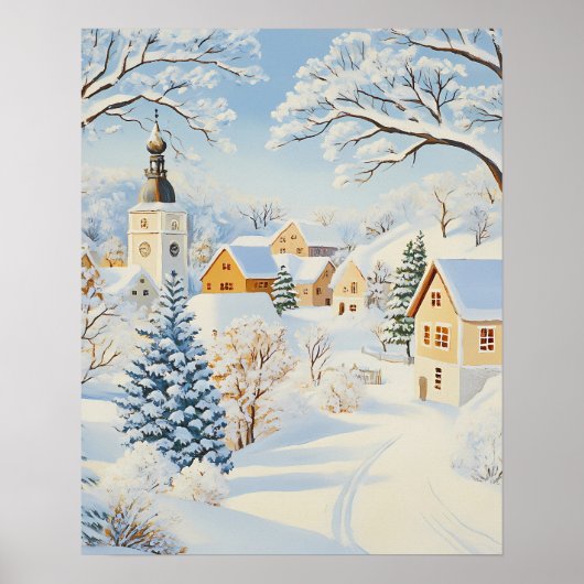 Classic Winter Village with Snowy Church and Trees ポスター (正面)