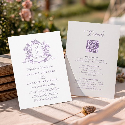 Classic Wisteria Floral Crest Wedding All in One 招待状