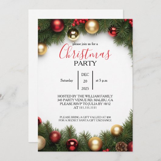 Classic Wreath Family Christmas Party Invitation 招待状 (正面/裏面)
