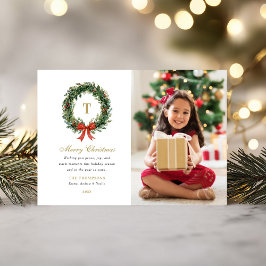 Classic Wreath Monogram Christmas Family Photo シーズンカード