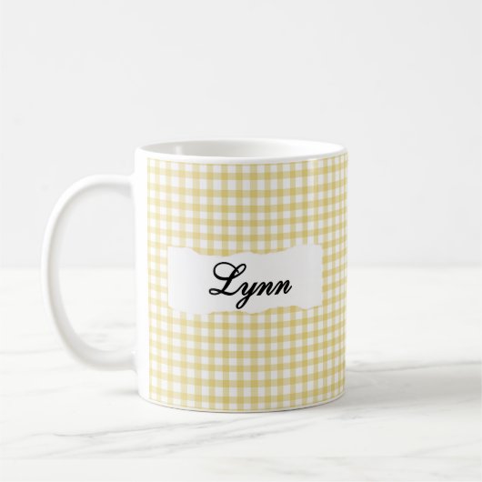 Classic Yellow Gingham Personalized Name  コーヒーマグカップ (左)