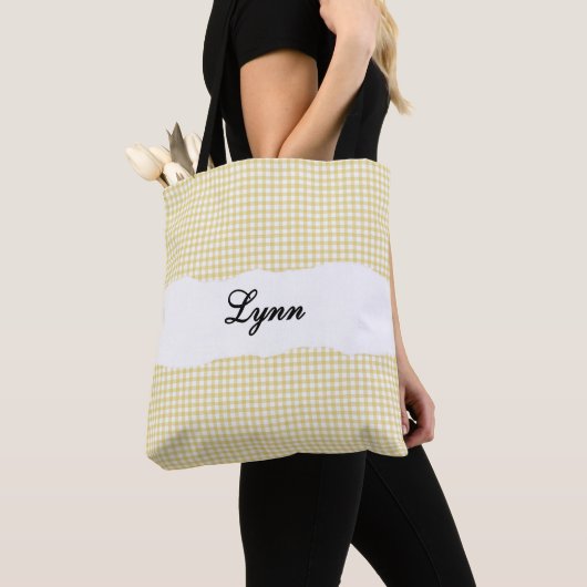 Classic Yellow & White Gingham | Personalized Name トートバッグ (クローズアップ)