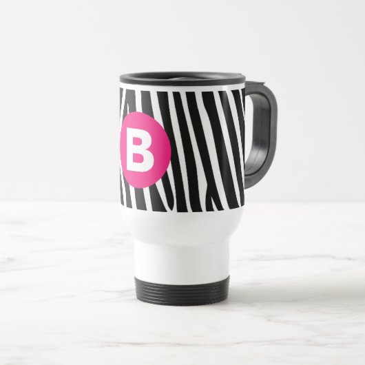 Classic Zebra Stripes Bight Pink Monogram トラベルマグ (正面右)