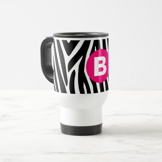 Classic Zebra Stripes Bight Pink Monogram トラベルマグ (正面左)