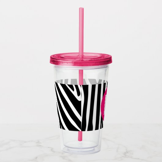 Classic Zebra Stripes Bright Pink Monogram アクリルタンブラー (右)