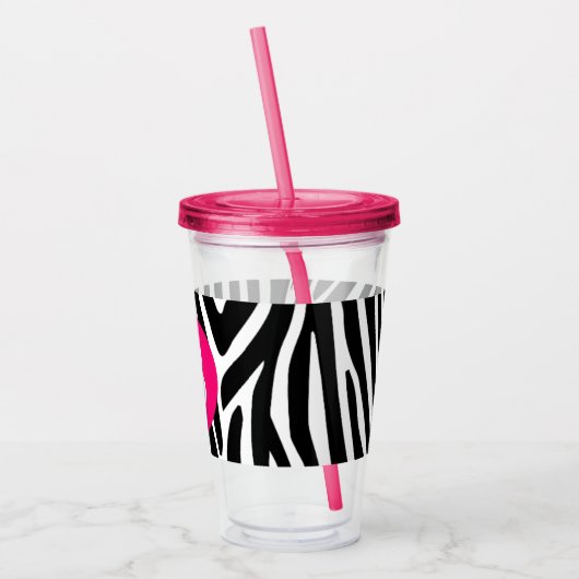 Classic Zebra Stripes Bright Pink Monogram アクリルタンブラー (左)