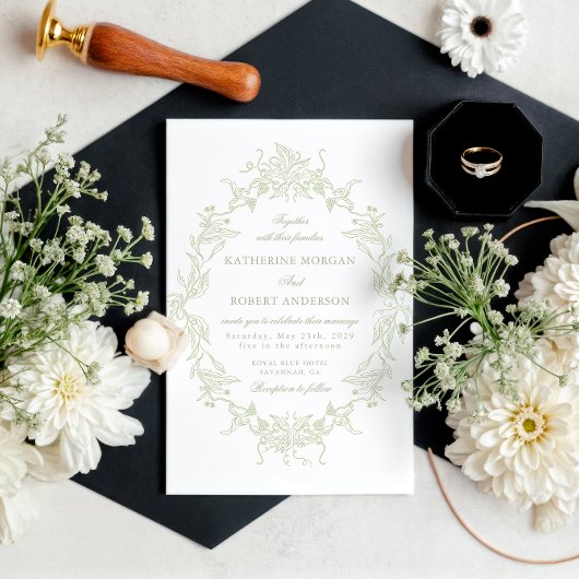 Classical Floral Crest Elegant Wedding Invitation 招待状