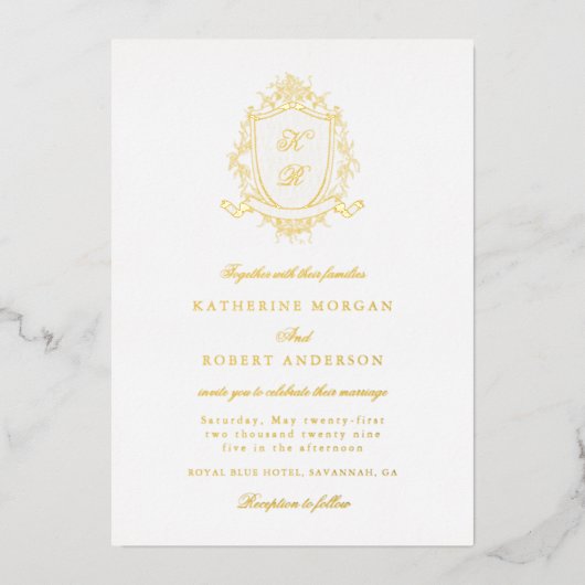 Classical Floral Crest Elegant Wedding Invitation 箔招待状 (正面)