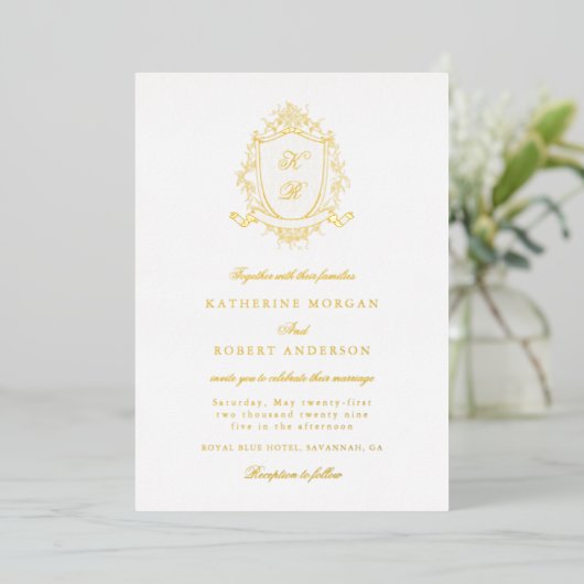 Classical Floral Crest Elegant Wedding Invitation 箔招待状 (立ち正面)