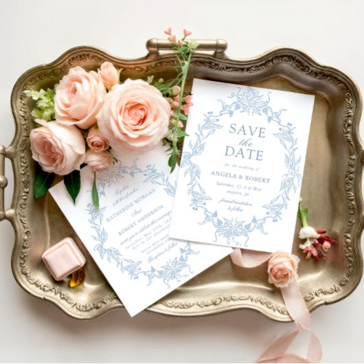 Classical Floral Crest Save the Date Photo Card セーブザデート