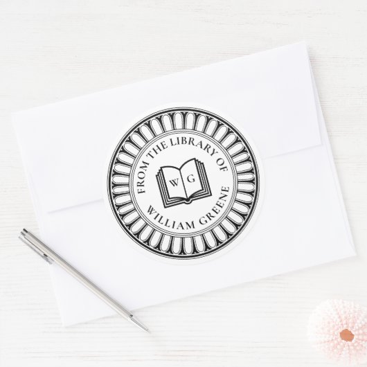Classical Open Book Monogram Ex Libris Bookplate ラウンドシール (封筒)