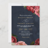 Classical Peonies Floral Navy Chic QR Code Wedding 招待状 (正面)