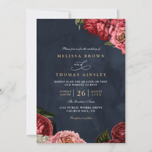 Classical Peonies Floral Navy Chic QR Code Wedding 招待状 (正面)