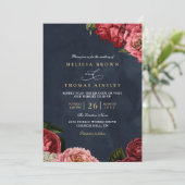 Classical Peonies Floral Navy Chic QR Code Wedding 招待状 (スタンド正面)