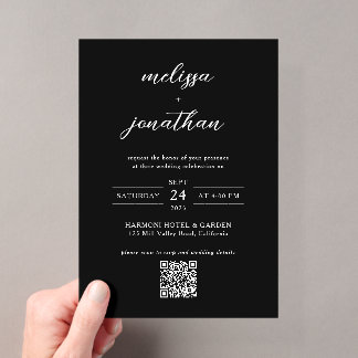 Classiy モダン Black & White Script QRコード結婚s アクリル招待状