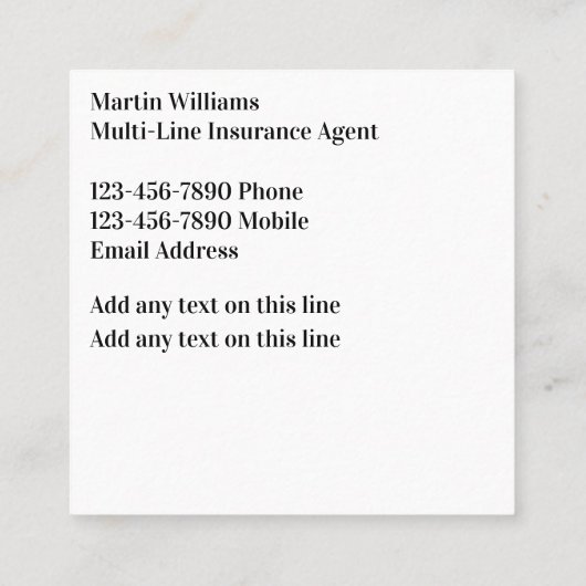 Classiy 数々の Line Insurance Agent スクエア名刺 (裏面)