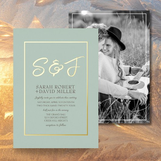 Classiy Earth Tone Blue金ゴールドフレームフォト 箔招待状