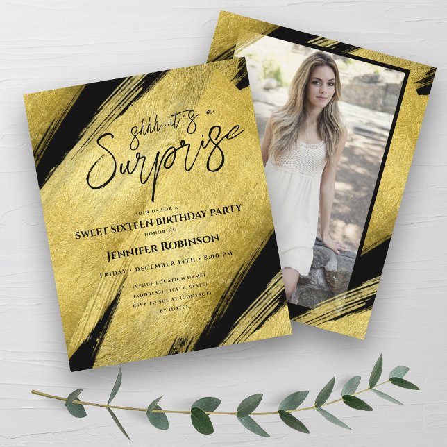 CLASSYゴールドフォイルフォトサプライズSweet 16招待状 (CLASSY Gold Foil Photo Surprise Sweet 16 Invites )