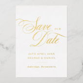 Classy金ゴールドと白いスクリプト写真の日付を保存 箔招待状 (正面)