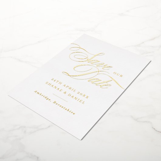 Classy金ゴールドと白いスクリプト写真の日付を保存 箔招待状 (回転した状態)