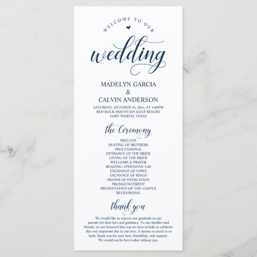 Classy エレガント Navy Blue氏の結婚式典 プログラム (正面)