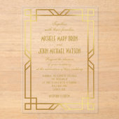 Classy エレガント Transparentアールデコ金ゴールド結婚の アクリル招待状 (正面)