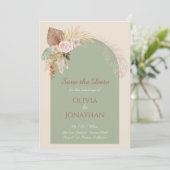 Classy モダン Boho Beigeミント素朴日付を保存 招待状 (スタンド正面)
