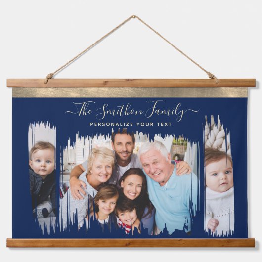 Classy モダン Navy Blue金ゴールドフォトファミリーの追加 吊り下げ型タペストリー (正面)