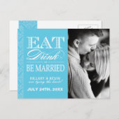 Classy Aqua Blue Damask日付の保存 案内ポストカード (正面/裏面)