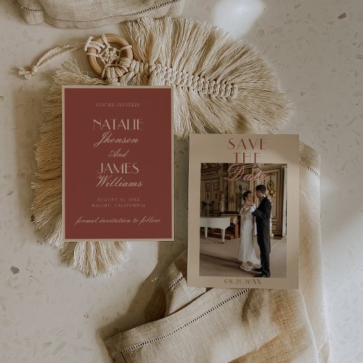 Classy Auburn Cream Old Money Photo Wedding セーブザデート