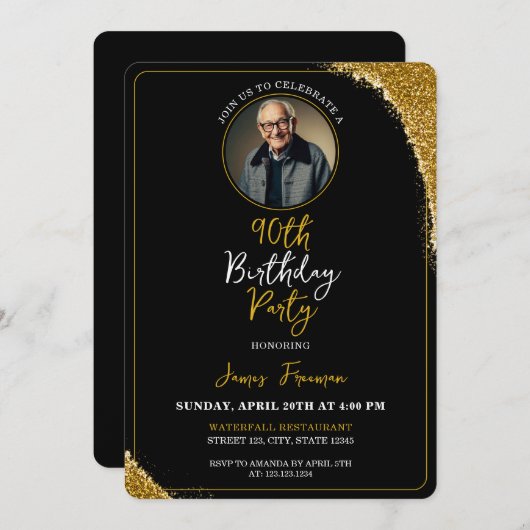 Classy Black & 金ゴールド写真90誕生日 招待状 (正面/裏面)