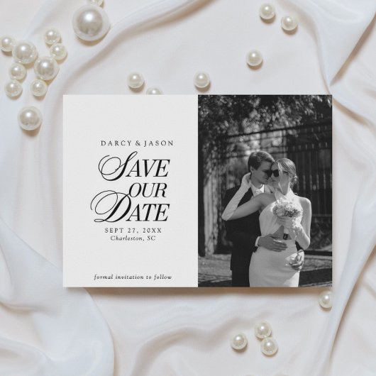 Classy Black and White Elegant Save the Date Card セーブザデート