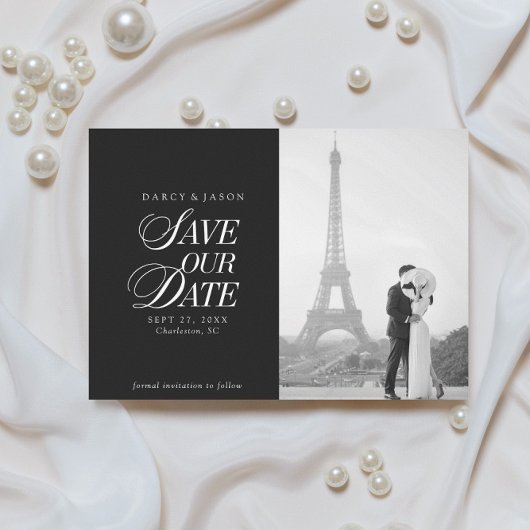 Classy Black and White Elegant Save the Date Card セーブザデート