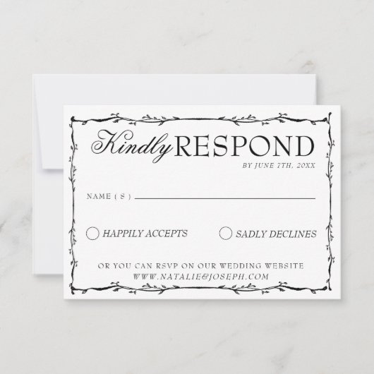 Classy Black And White Floral Boho Fancy Wedding 出欠カード (正面)