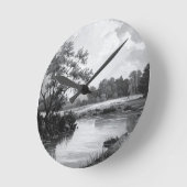 Classy black and white river with tree ラウンド壁時計 (傾斜)
