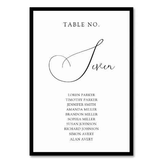 Classy Black Border Script Wedding Seating Chart テーブルナンバー (正面)