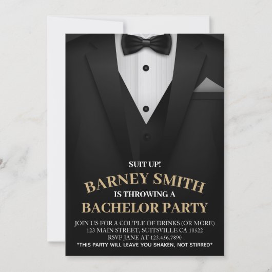 Classy Black Bow tie Suit Bachelor Party Invite 招待状 (正面)