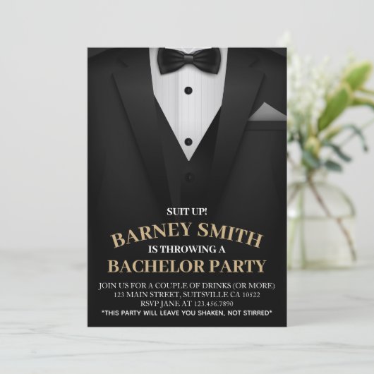 Classy Black Bow tie Suit Bachelor Party Invite 招待状 (スタンド正面)