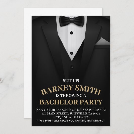 Classy Black Bow tie Suit Bachelor Party Invite 招待状 (正面/裏面)