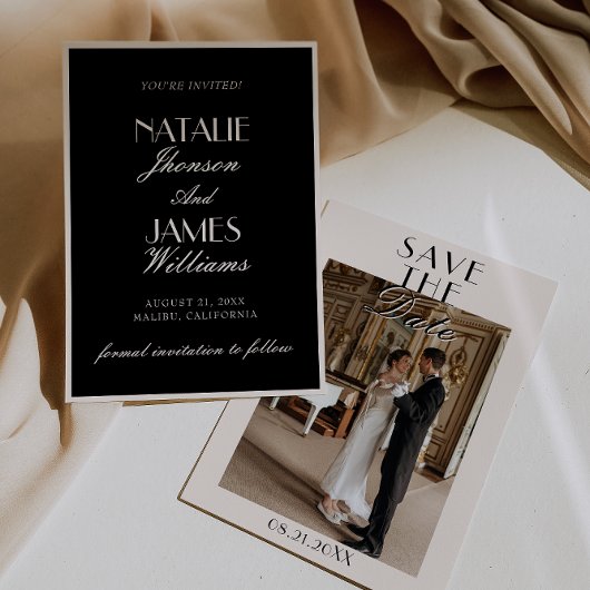 Classy Black Cream Old Money Photo Wedding セーブザデート